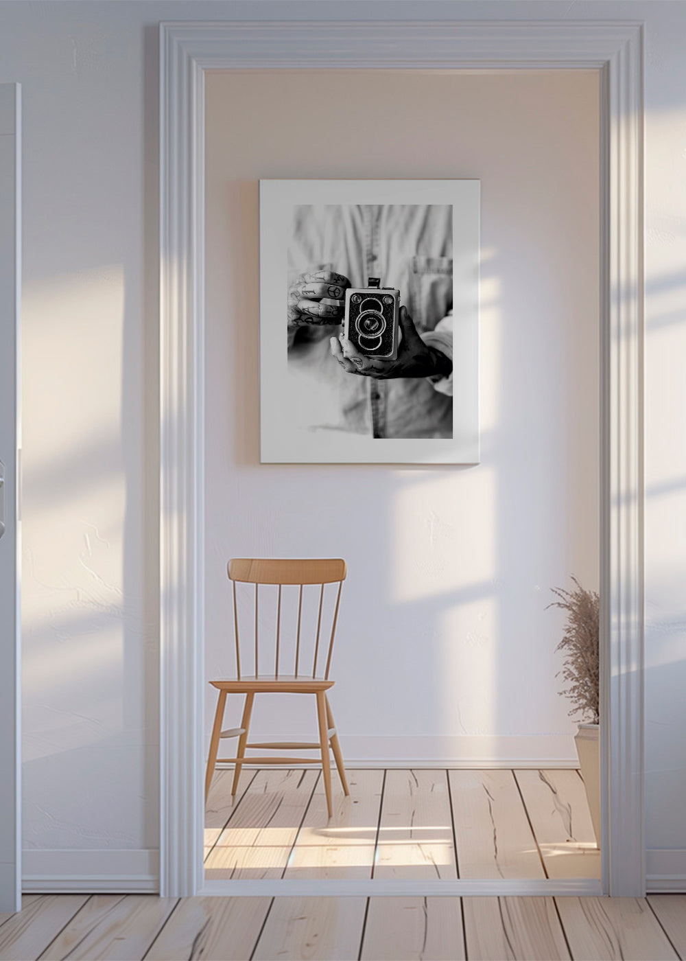 Vintage obraz: starý fotoaparát v tetovaných rukou