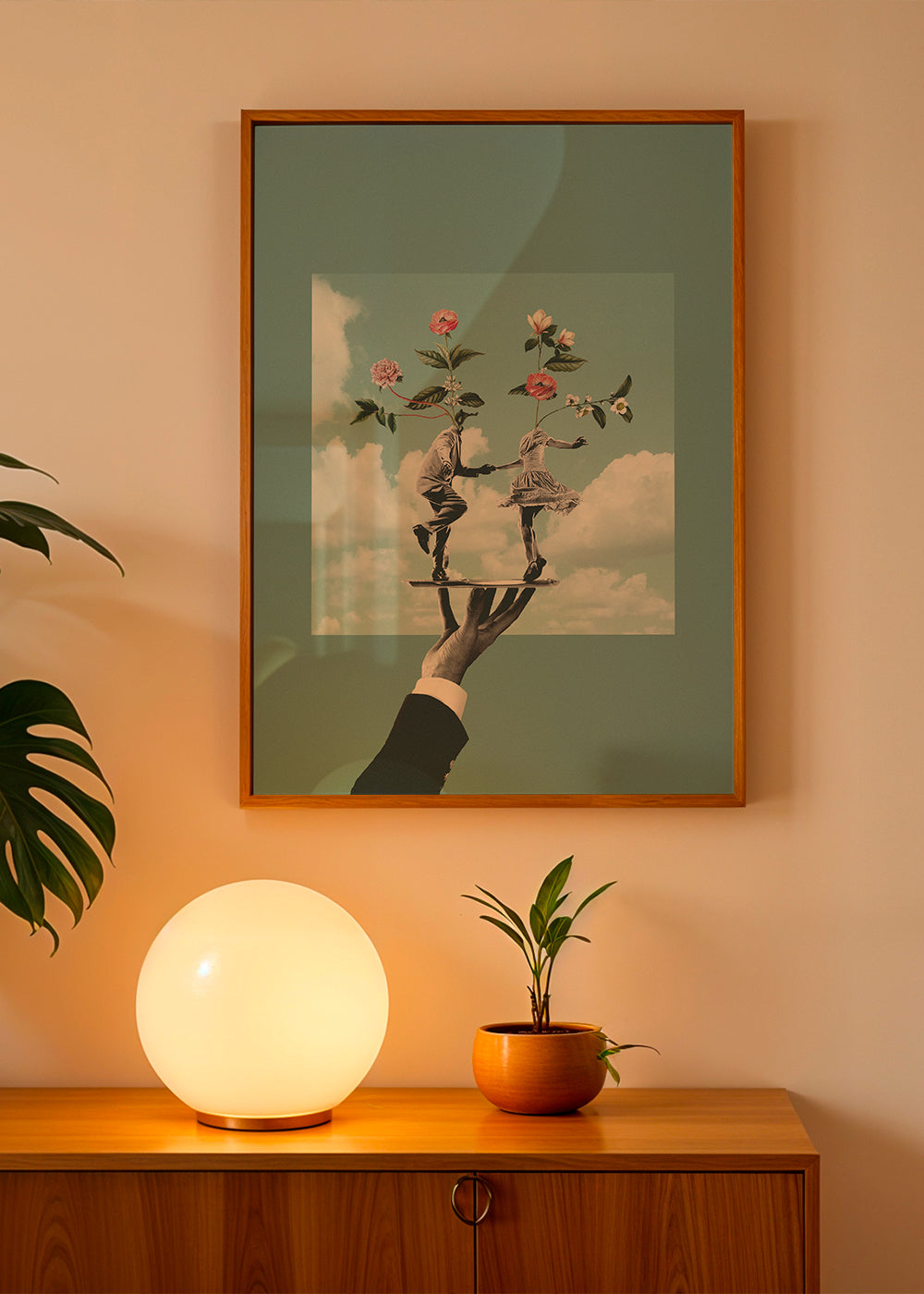Botanický plakát: tančící pár s květinami