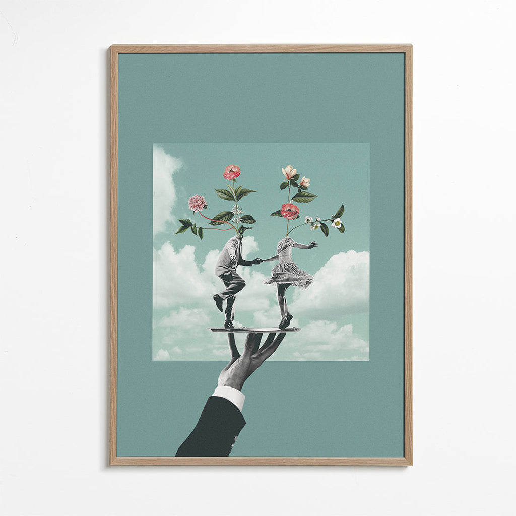 Botanický plakát: tančící pár s květinami