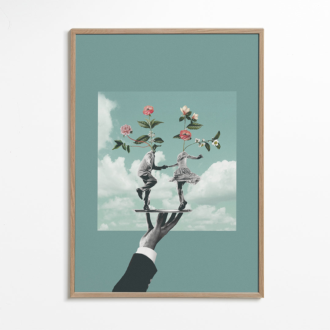 Botanický plakát: tančící pár s květinami