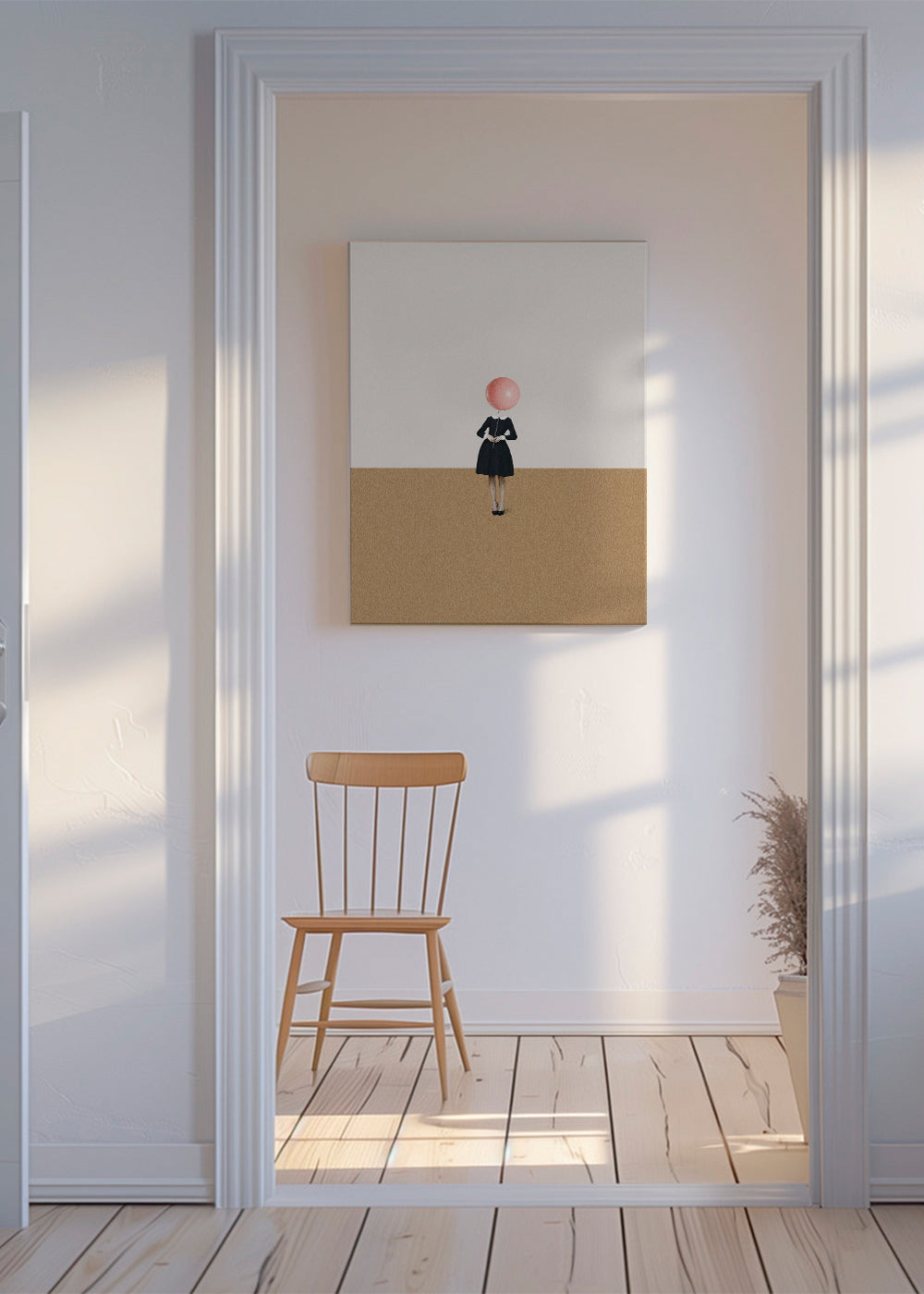 Minimalistický obraz s růžovým balónkem