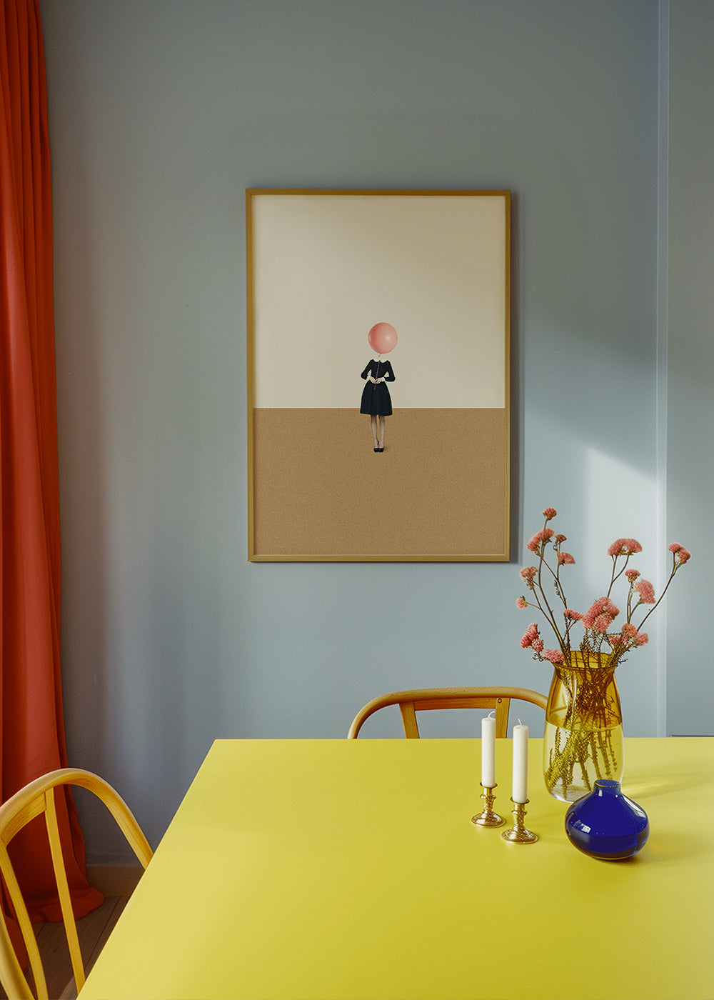 Minimalistický obraz s růžovým balónkem