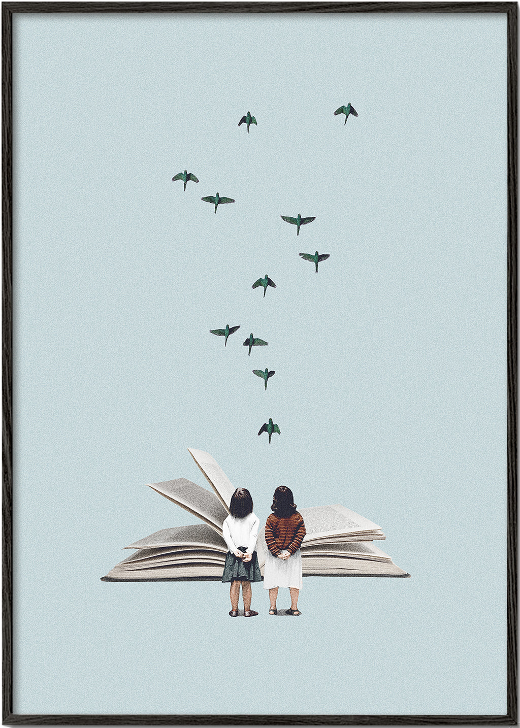 Ilustrace dětí a ptáků na otevřené knize