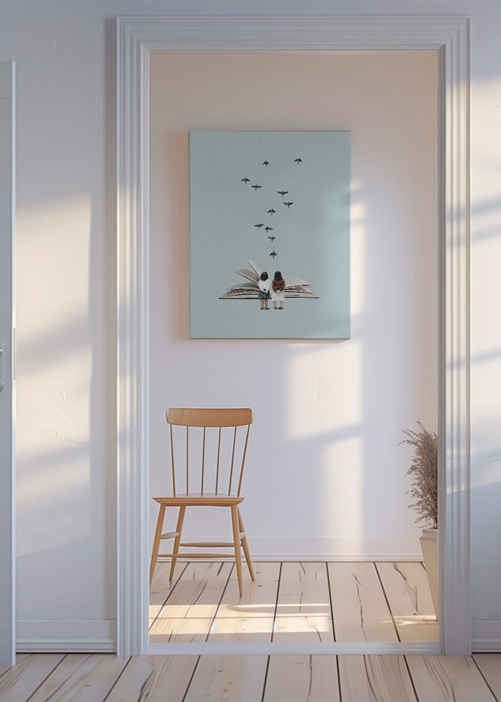 Ilustrace dětí a ptáků na otevřené knize