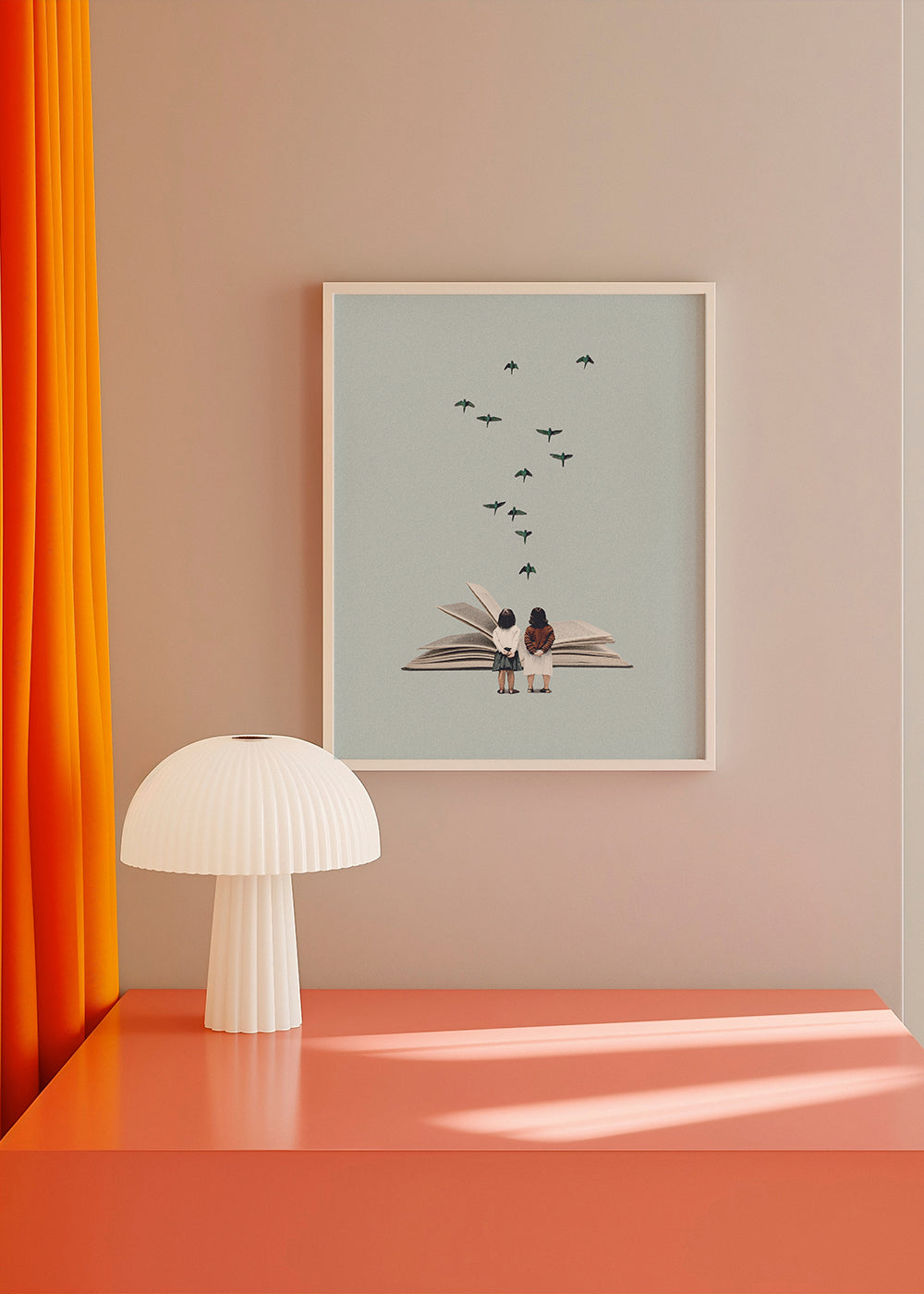 Ilustrace dětí a ptáků na otevřené knize