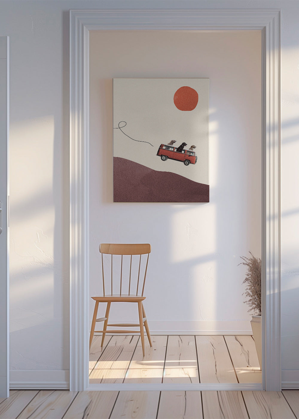 Obraz červený vůz se psy na minimalistickém návrší