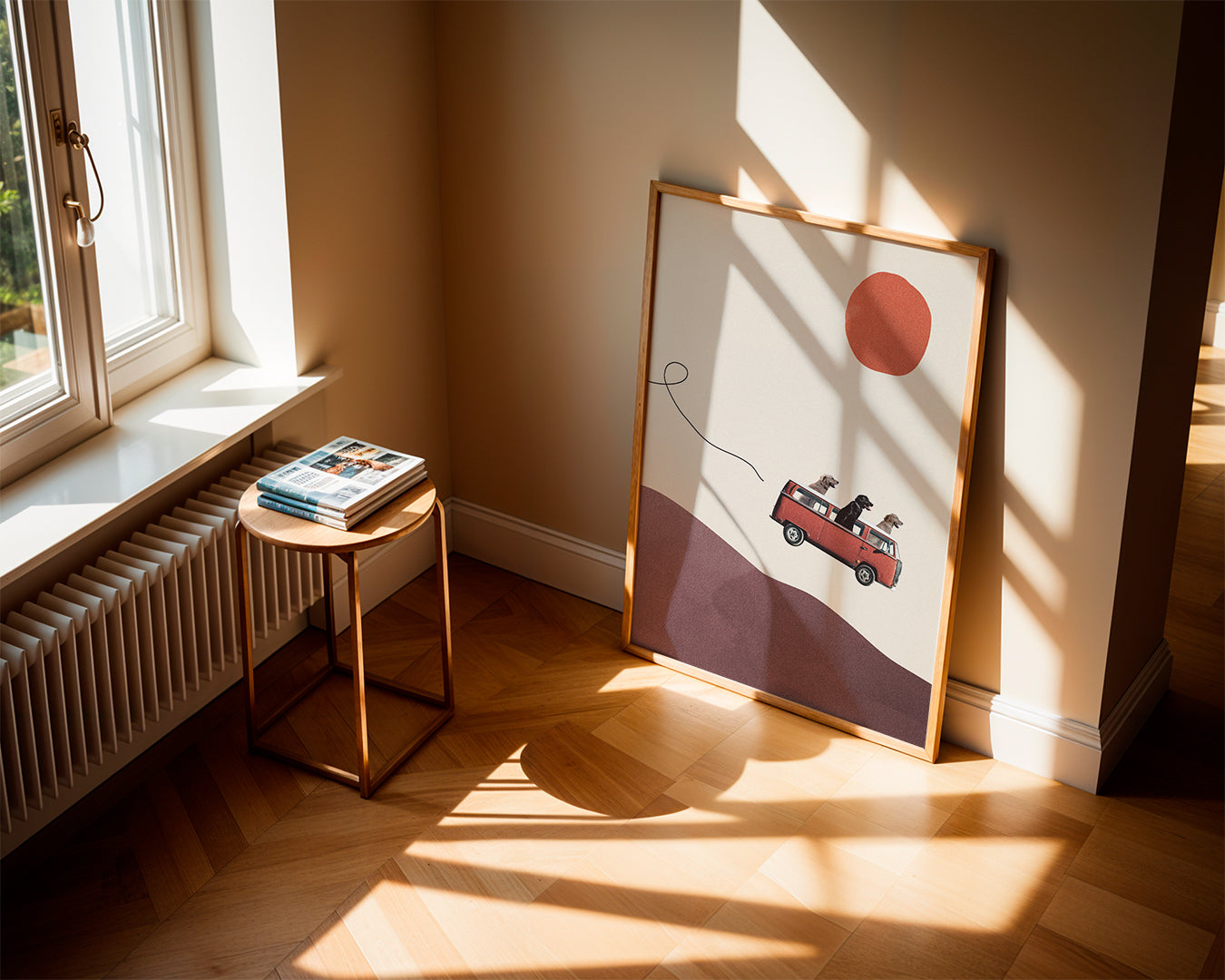 Obraz červený vůz se psy na minimalistickém návrší