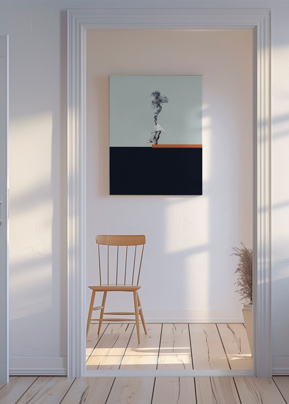 Minimalistický obraz s kouřící postavou