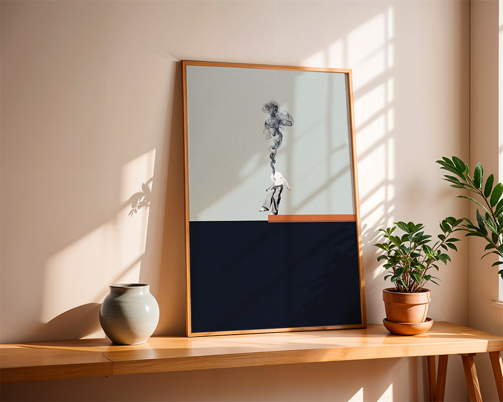 Minimalistický obraz s kouřící postavou