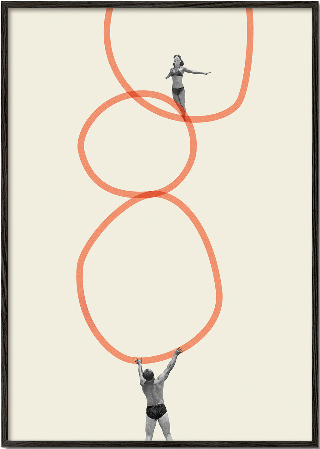 Minimalistický obraz s figurami a oranžovými kruhy