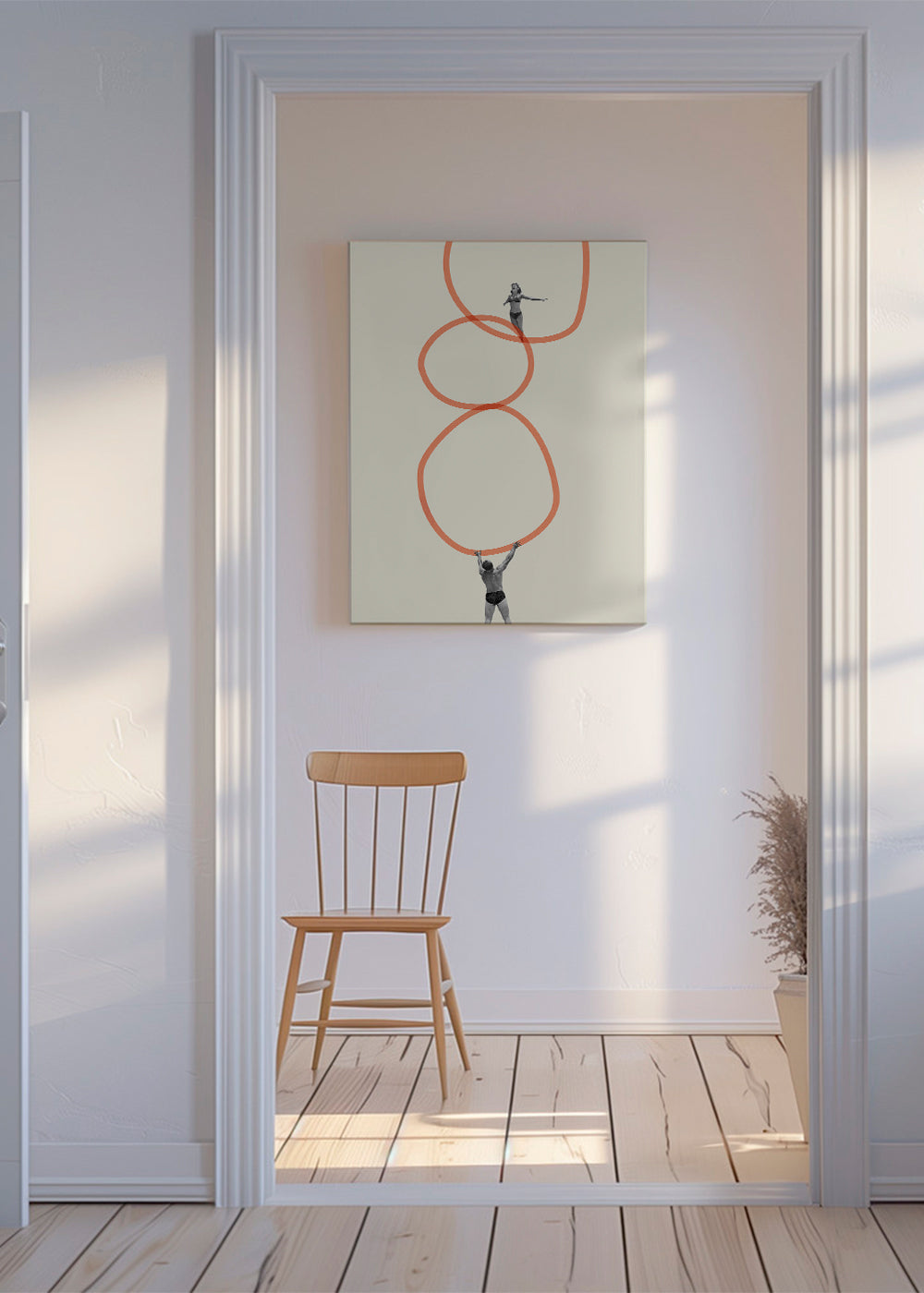 Minimalistický obraz s figurami a oranžovými kruhy