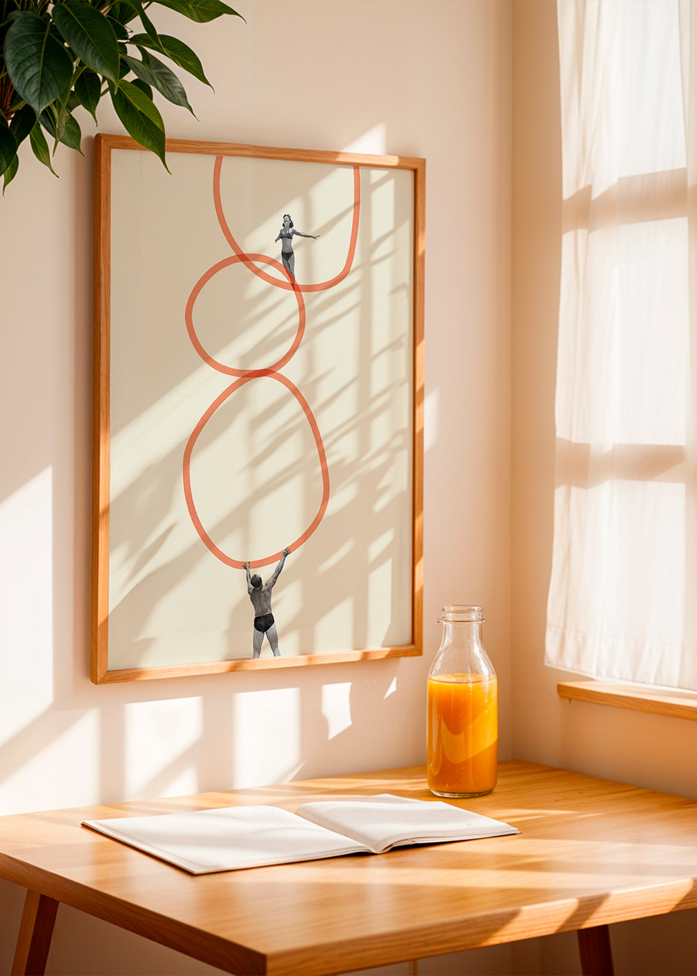 Minimalistický obraz s figurami a oranžovými kruhy