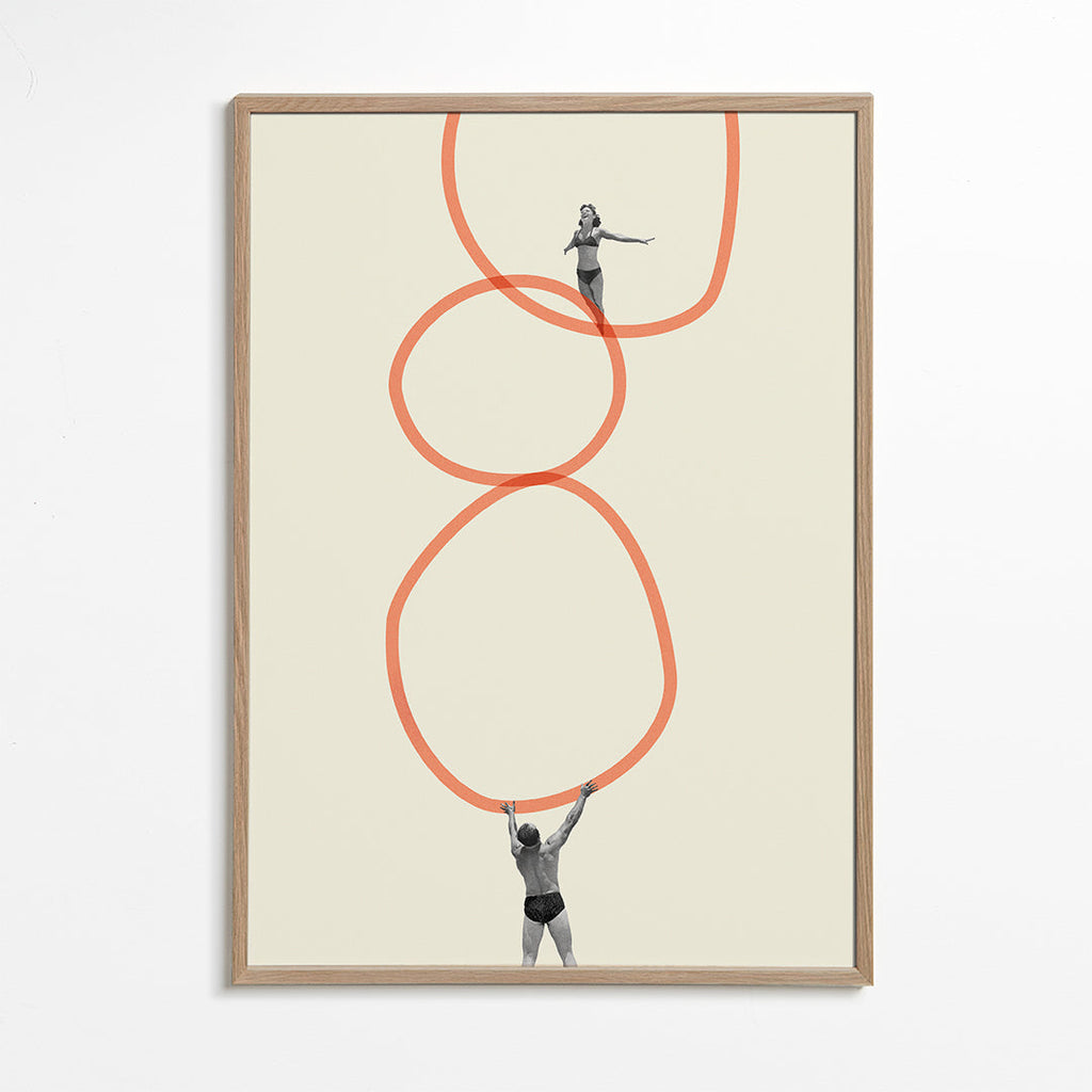 Minimalistický obraz s figurami a oranžovými kruhy