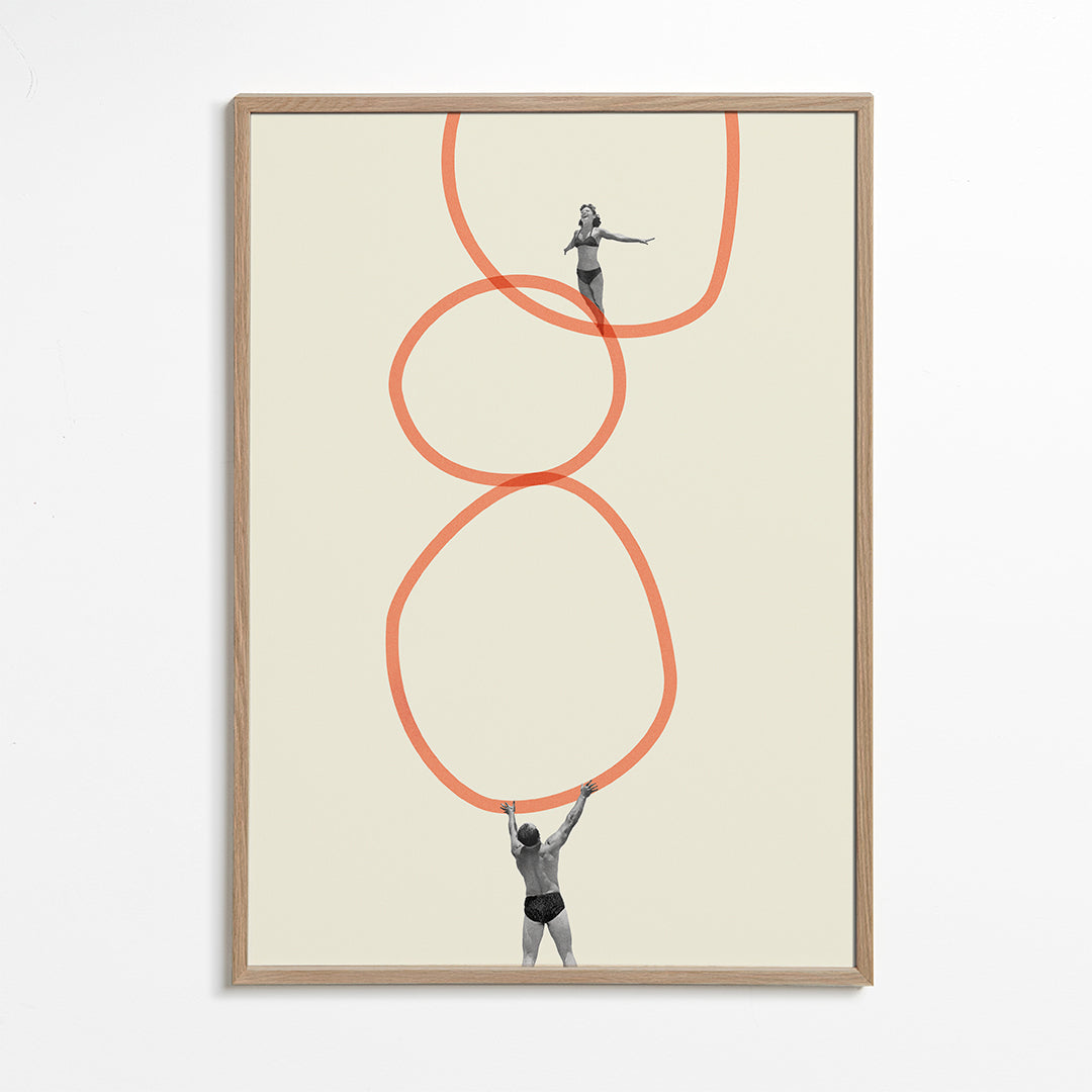 Minimalistický obraz s figurami a oranžovými kruhy