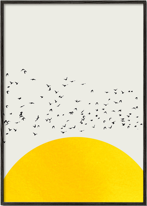 Ilustrace hejna nad minimalistickým sluncem