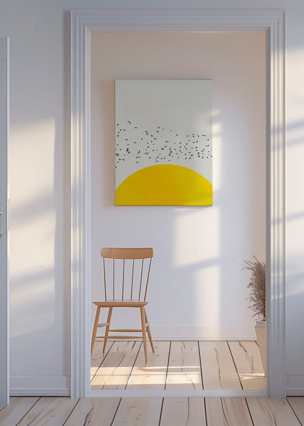 Ilustrace hejna nad minimalistickým sluncem
