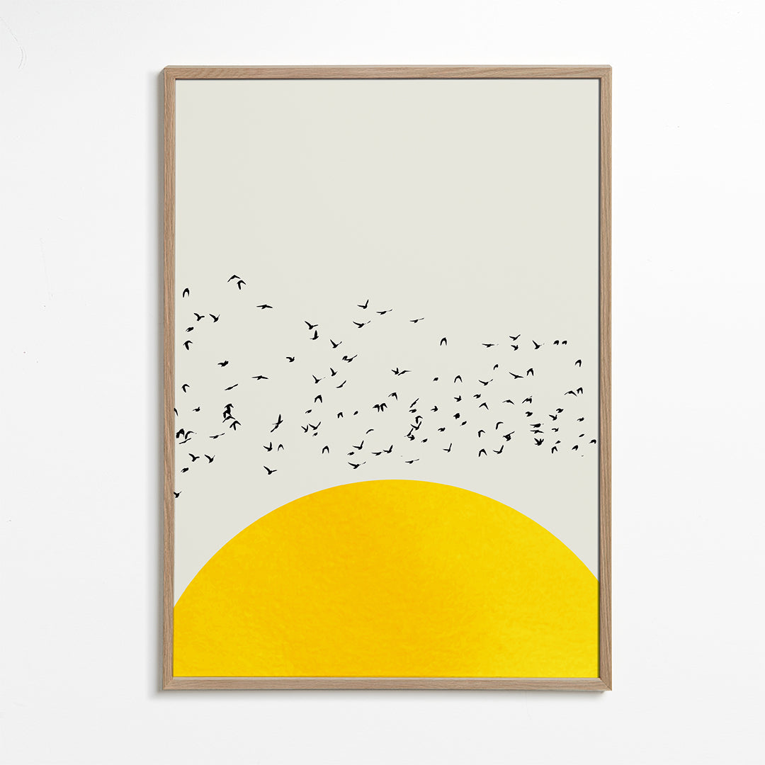 Ilustrace hejna nad minimalistickým sluncem