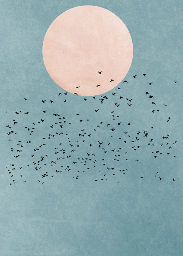 Minimalistická ilustrace růžový měsíc a hejno