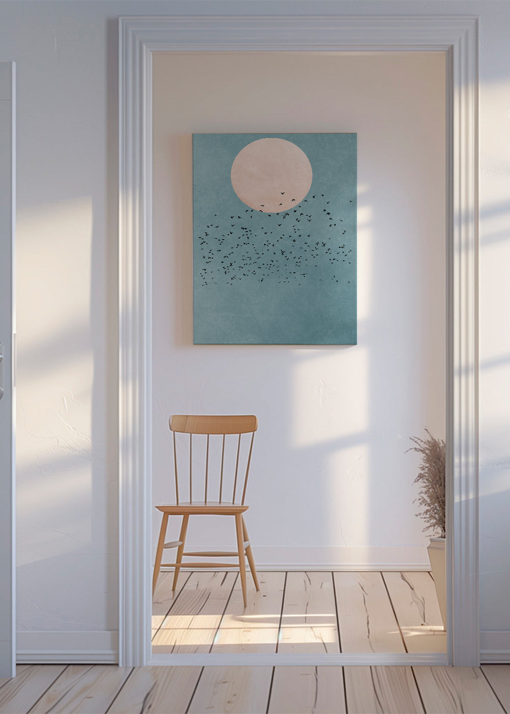 Minimalistická ilustrace růžový měsíc a hejno