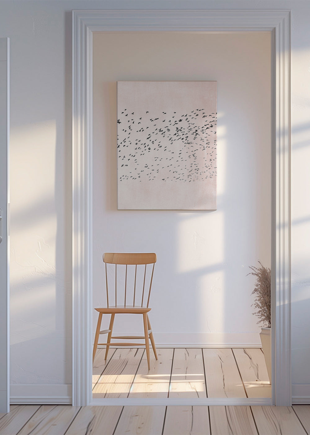 Minimalistické dílo s hejnem na růžovém pozadí