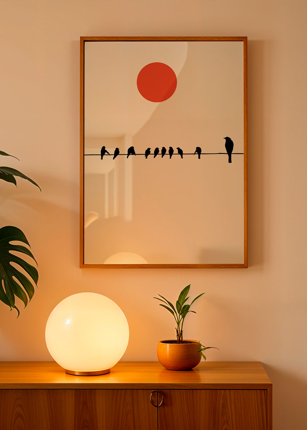 Minimalistický obraz ptáci na drátu a červené slunce