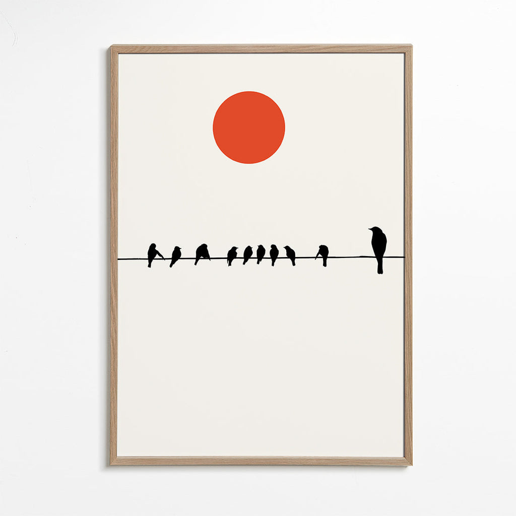 Minimalistický obraz ptáci na drátu a červené slunce