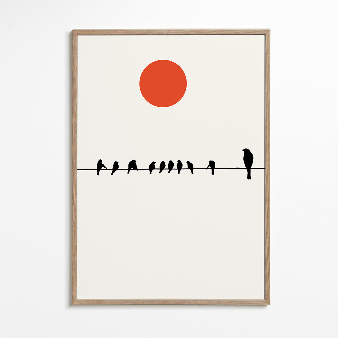 Minimalistický obraz ptáci na drátu a červené slunce