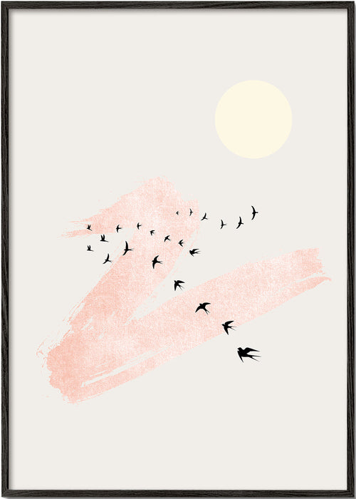 Ilustrace letících ptáků s růžovým tahem