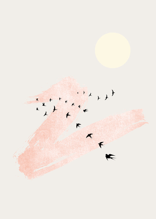 Ilustrace letících ptáků s růžovým tahem