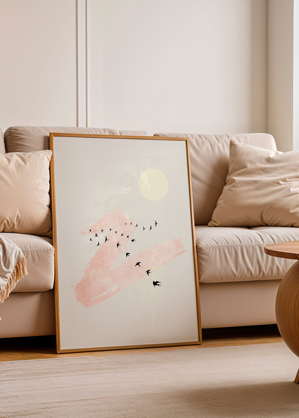 Ilustrace letících ptáků s růžovým tahem