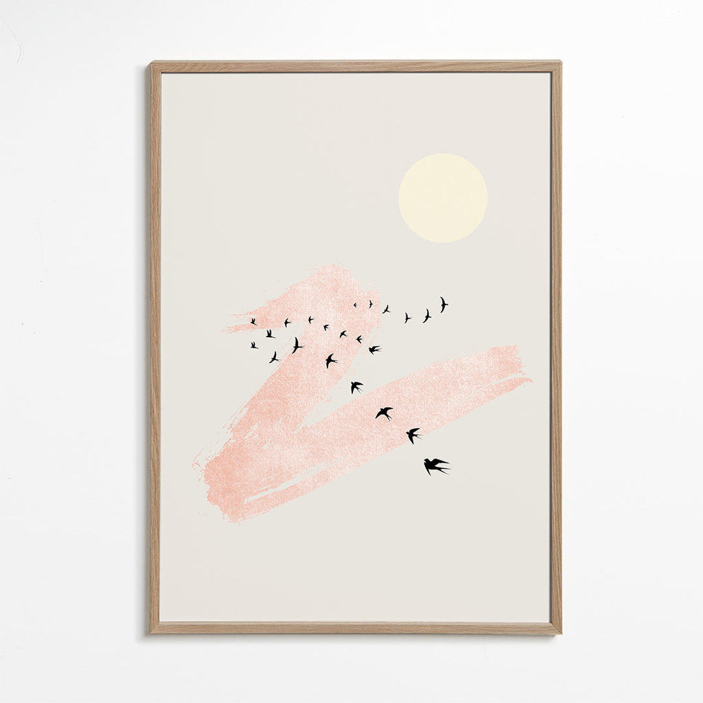 Ilustrace letících ptáků s růžovým tahem