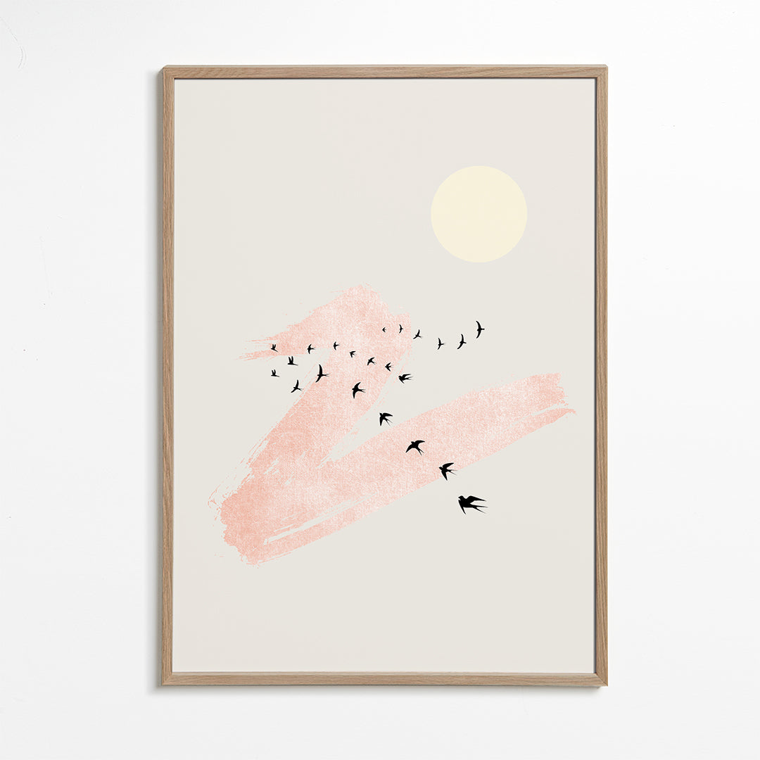 Ilustrace letících ptáků s růžovým tahem