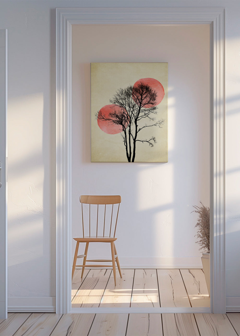 Botanický plakát strom v siluetě s korálovými měsíci