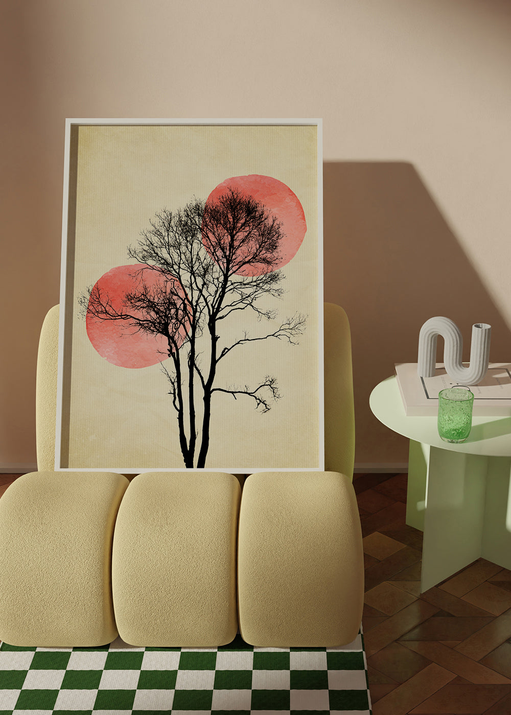 Botanický plakát strom v siluetě s korálovými měsíci