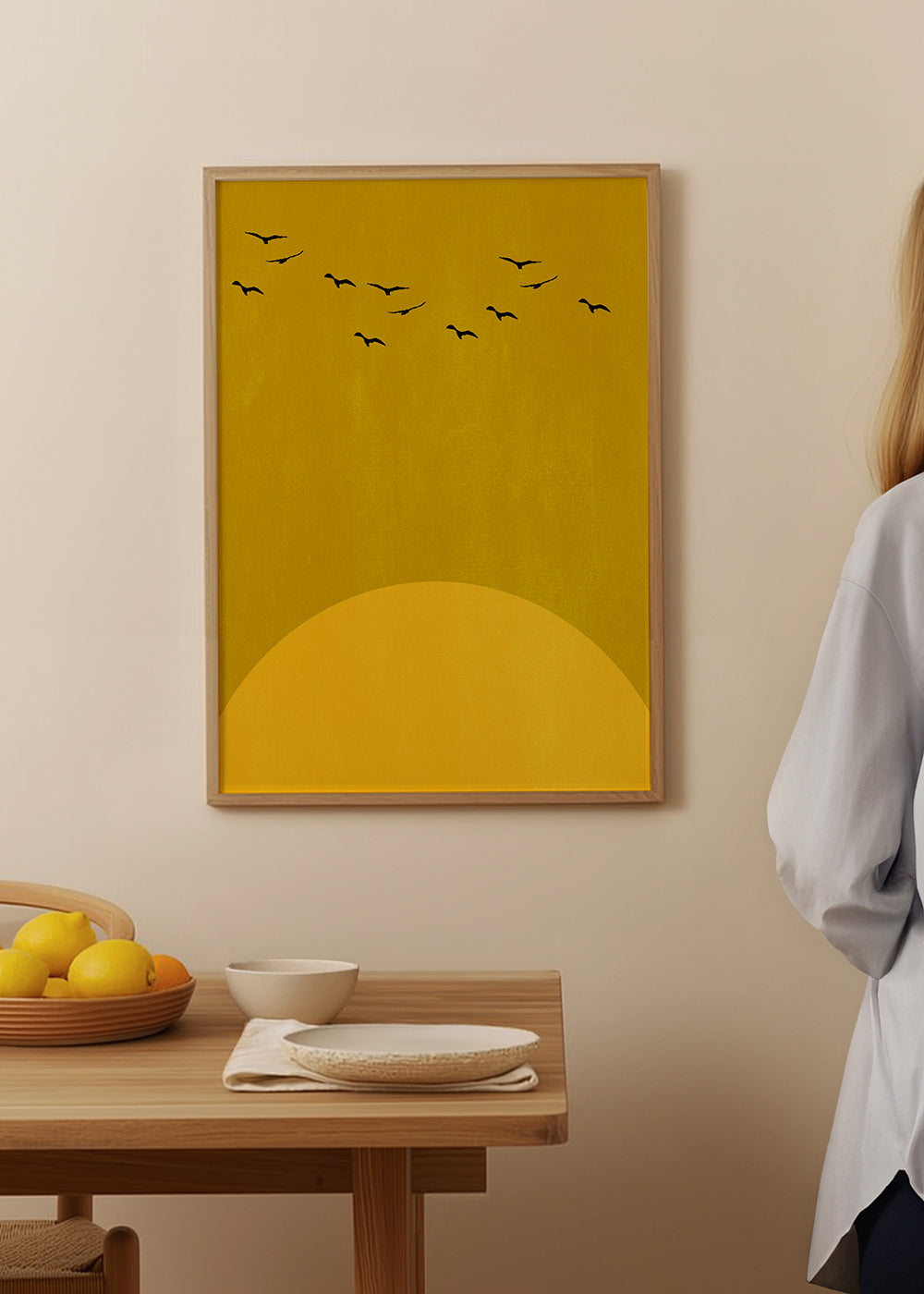 Minimalistická krajina se sluncem a ptáky