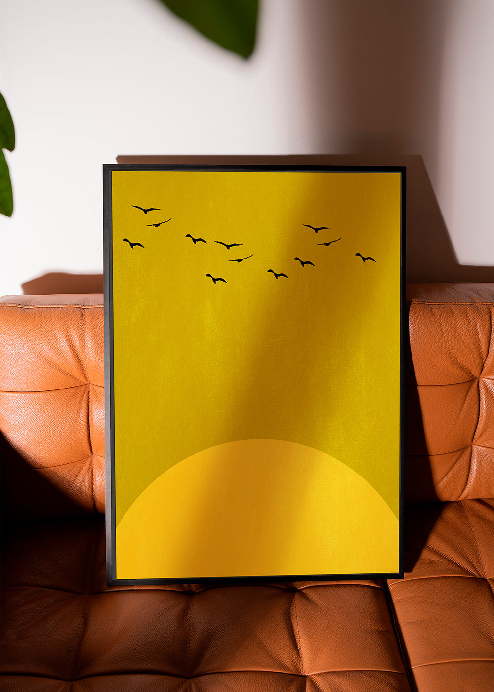 Minimalistická krajina se sluncem a ptáky
