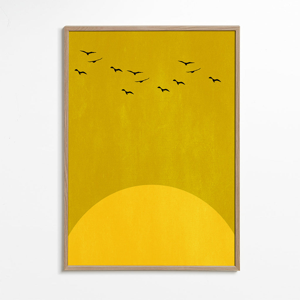 Minimalistická krajina se sluncem a ptáky