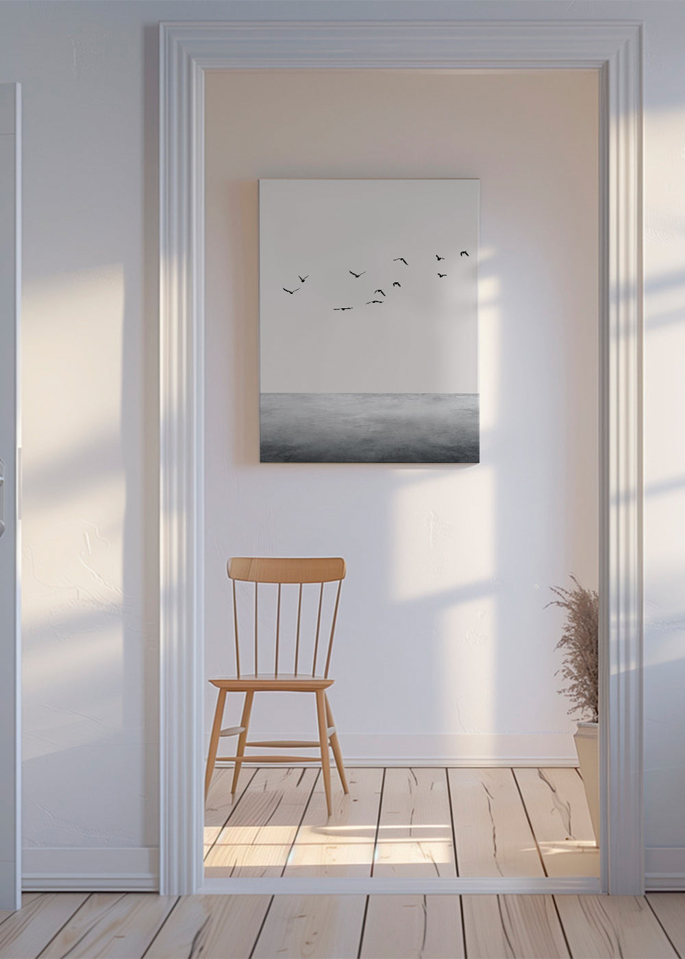 Minimalistický tisk ptáků v letu nad klidným obzorem