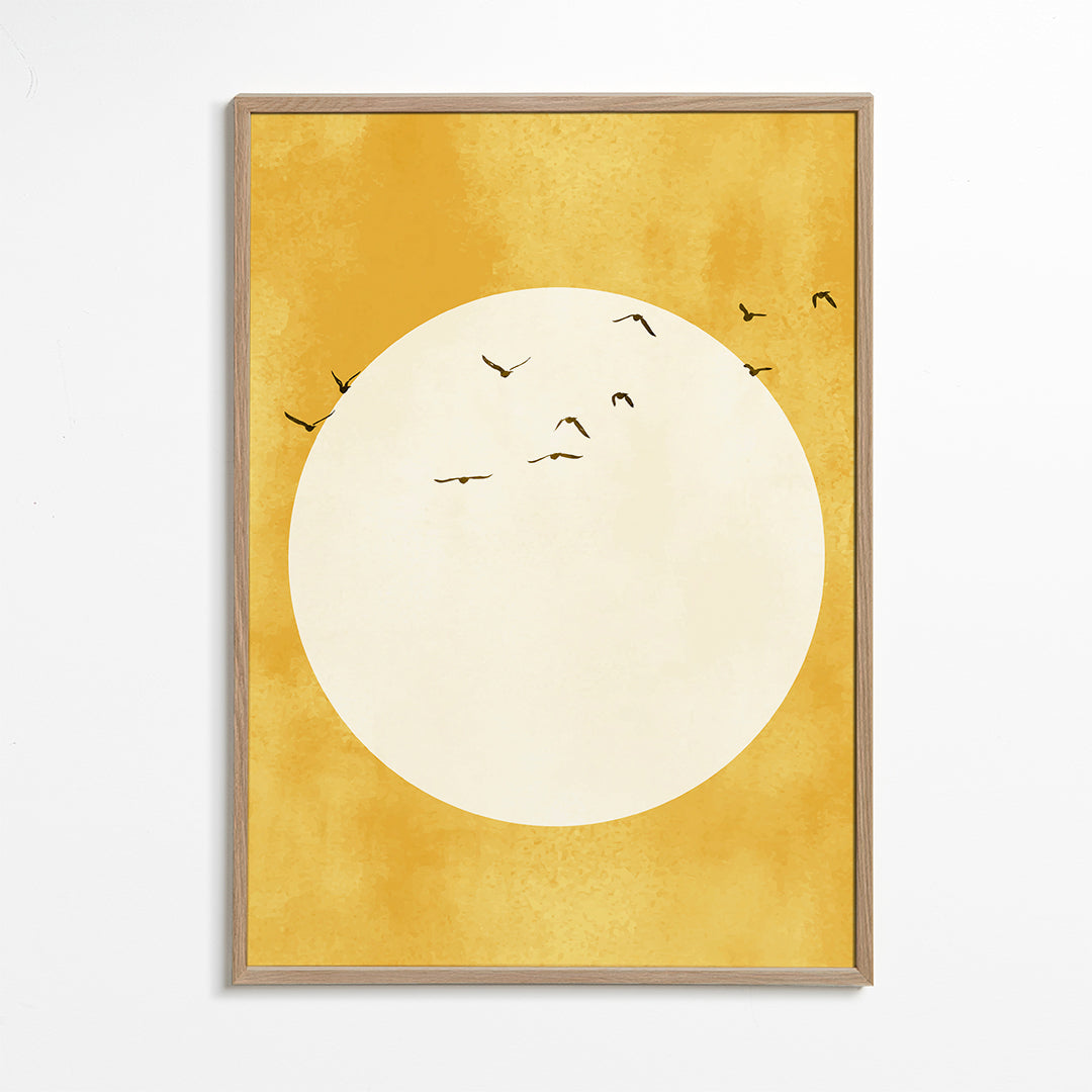 Minimalistický obraz sluneční kruh s ptáky