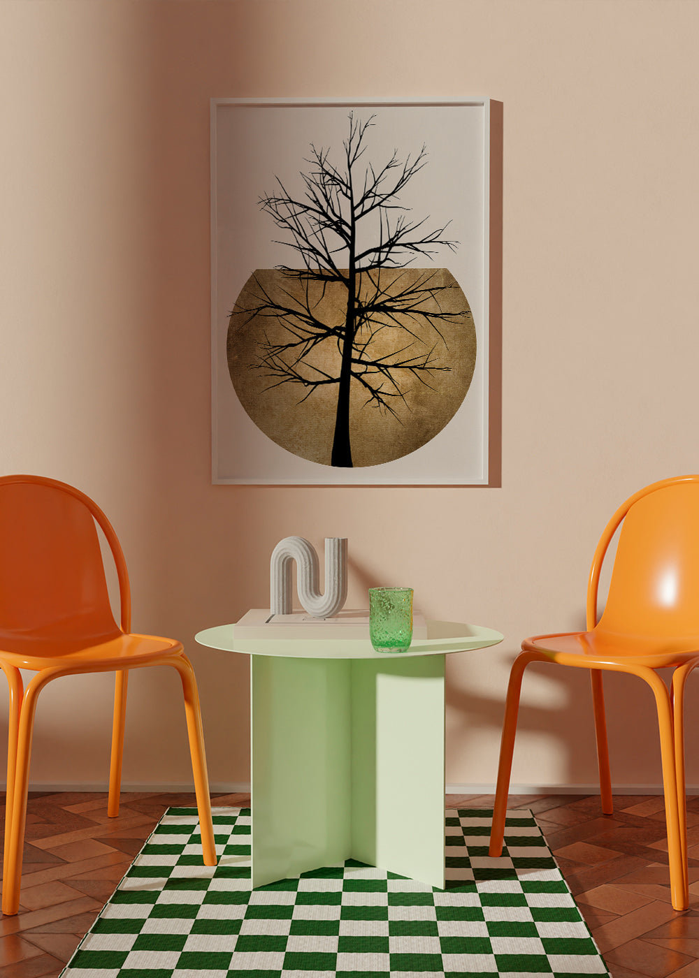 Botanický plakát: silueta stromu na zlatém disku