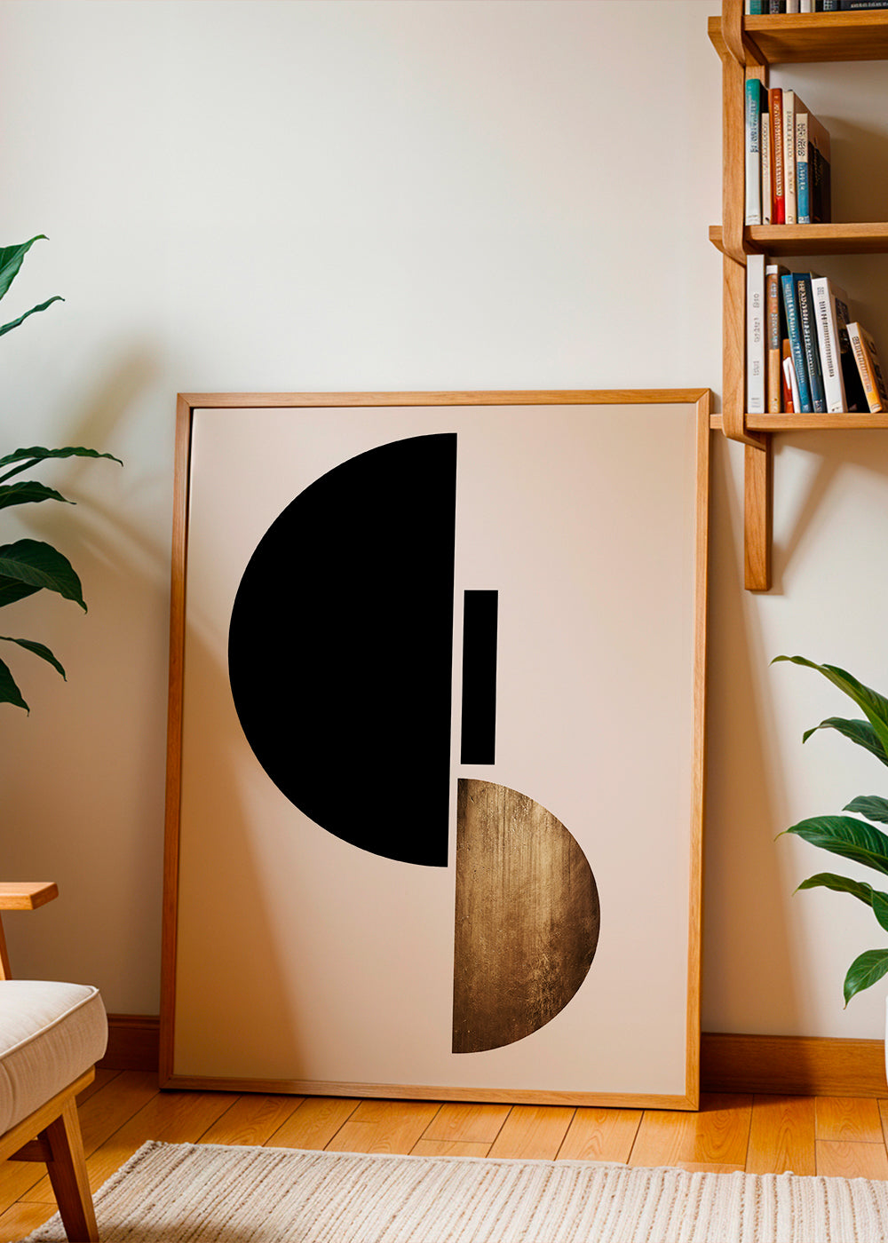 Geometrický obraz s černými půlkruhy a zlatou texturou
