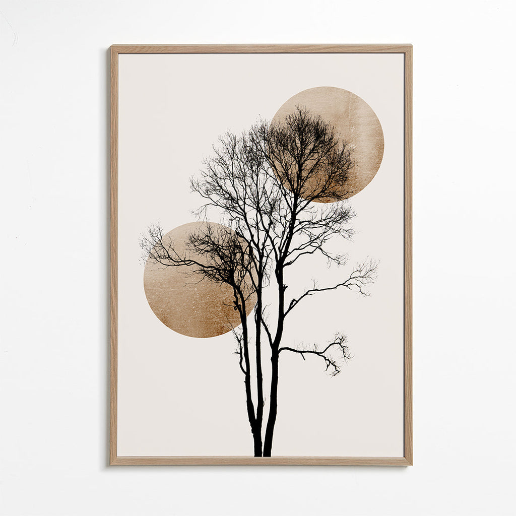 Botanický plakát: silueta stromu se zlatými kruhy