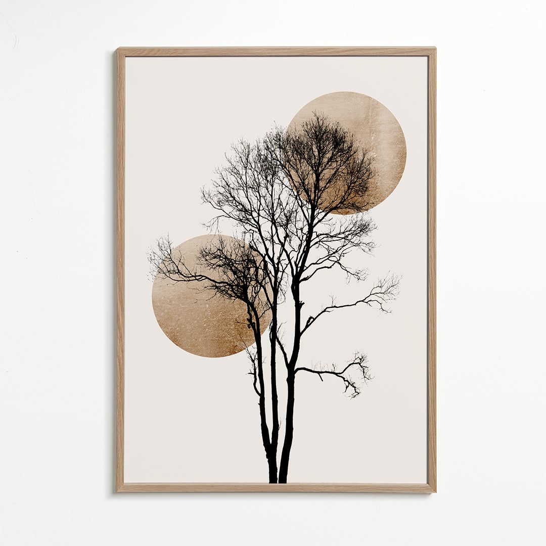 Botanický plakát: silueta stromu se zlatými kruhy