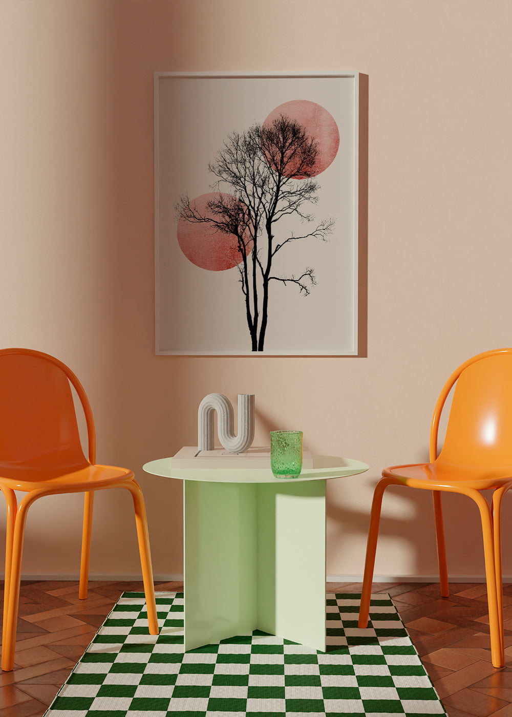 Botanický plakát: silueta stromu s růžovými kruhy