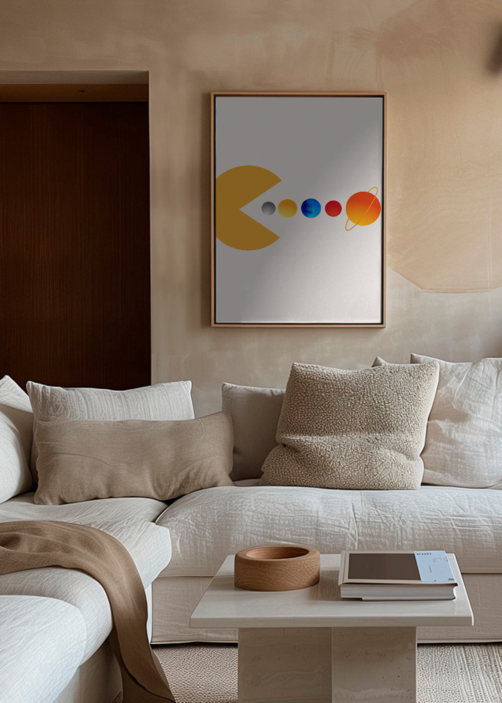Prostorová ilustrace Pac‑Man a planety