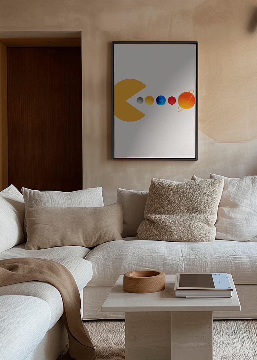 Prostorová ilustrace Pac‑Man a planety