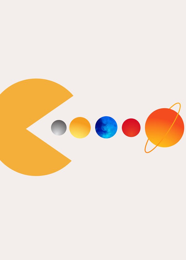 Prostorová ilustrace Pac‑Man a planety