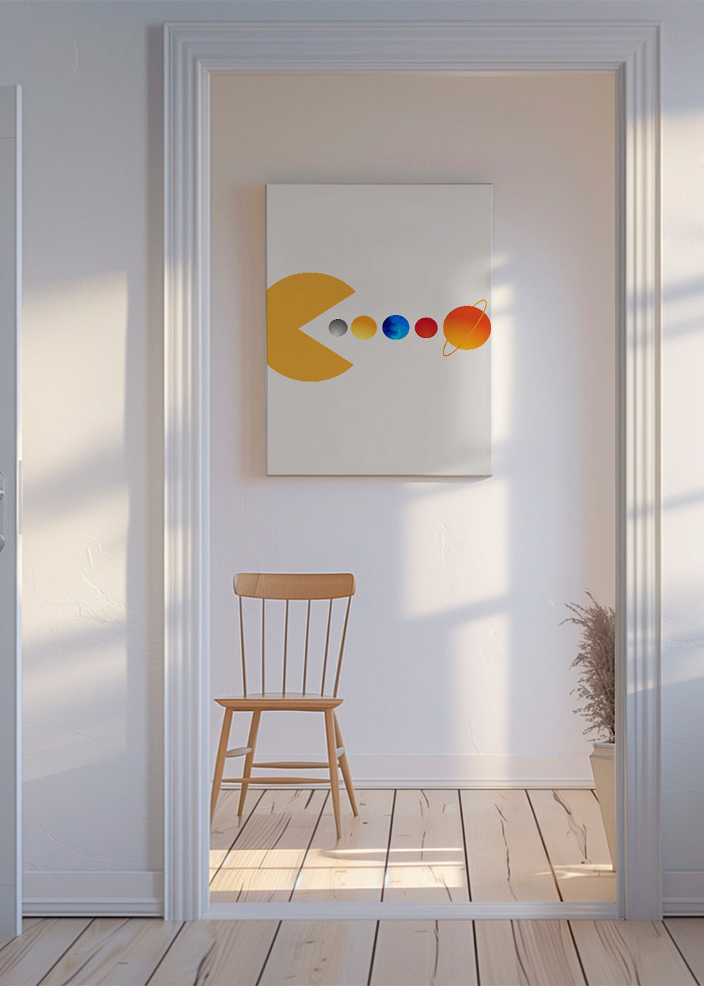 Prostorová ilustrace Pac‑Man a planety