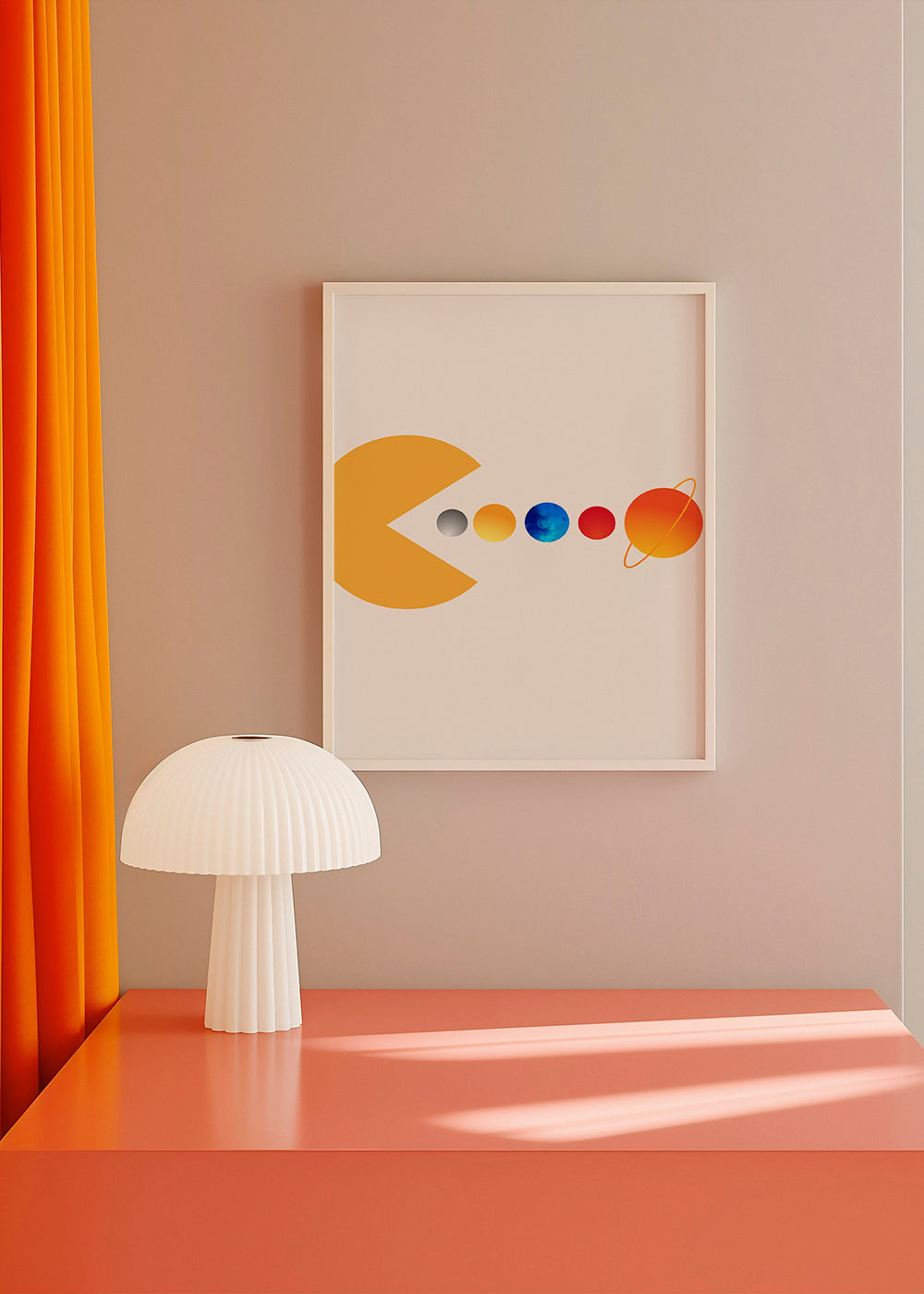 Prostorová ilustrace Pac‑Man a planety