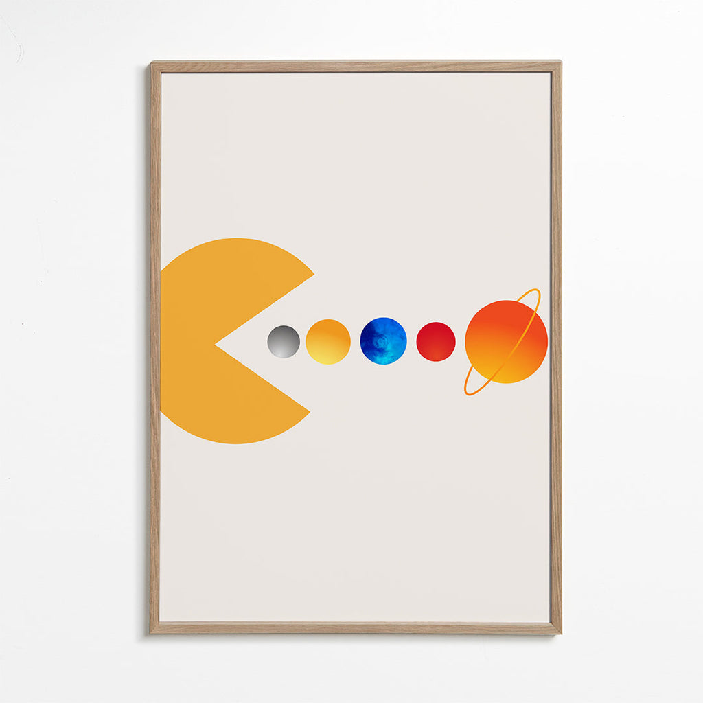 Prostorová ilustrace Pac‑Man a planety